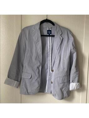 Gap Size 6 Navy and White Pinstripe Linen Blend Blazer Jacket 3/4 Sleeve